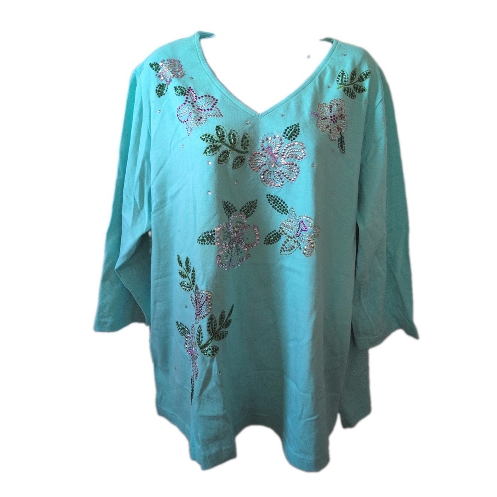 Quacker Factory 2X Turquoise Mint Sequin Floral V-Neck Knit Tunic Shirt - New